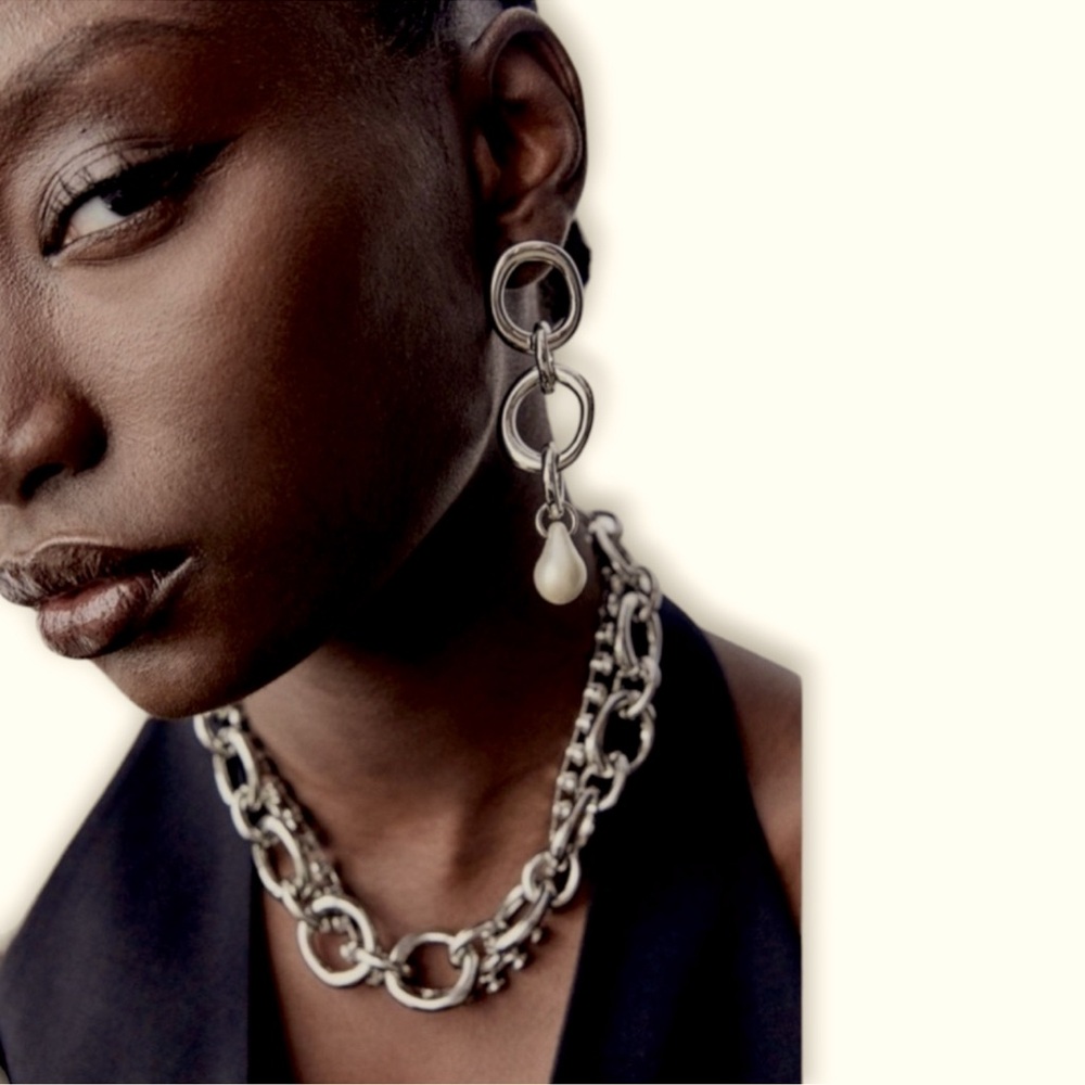 Zara Chain Link Pearl Silver-tone Earrings NWT